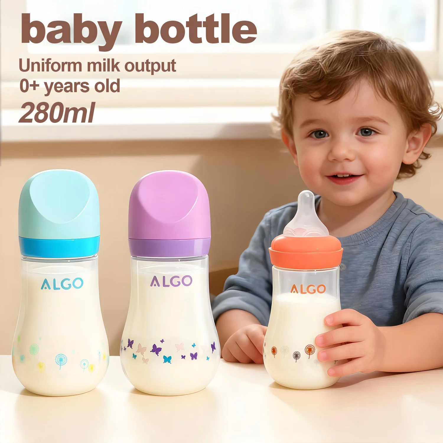 

280ml newborn baby bottle, large-capacity wide-mouth baby bottle, breast milk imitation anti-drop baby bottle, free of bisphenol