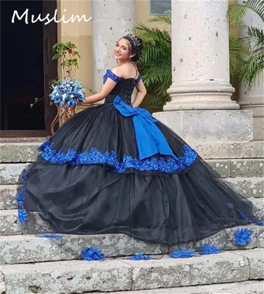 

Charro Mexican Black Quinceanera Dresses Off Shoulders Blue Lace Xv Bow Vestidos De 15 Quinceañera Sweet 16 Party Customized