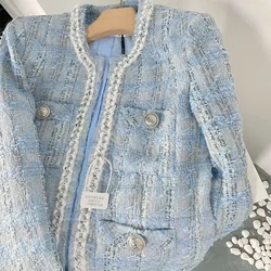 Elegant Women Blue Wind Woven Tweed Jacket Autumn Twist Weave Stitching Blazers Coat OL Fringed Cardigan Crop Tops 2021 Abrigos