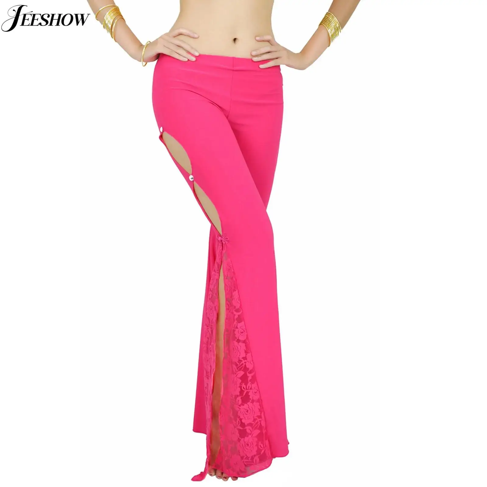 Womens Belly Dance Pants Side Split Flare Pants Floral Lace Patchwork Bell Bottoms Pants Stage Performance Dance Costume Trouser