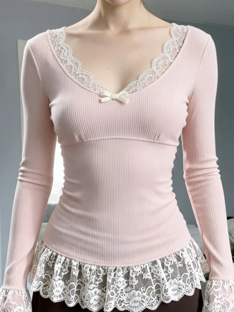 

SsTss Sweet Long Sleeve T-shirts Women Fashion Floral Lace Trim V Neck Bow Slim Stretch Ribbed Pullover Tee Tops for Spicy Girl