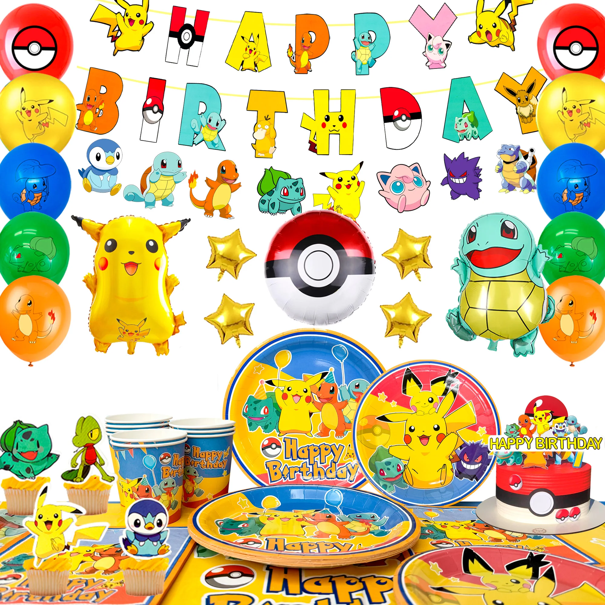 136-teiliges Pokémon-Geburtstagsdekorations- und Pokémon-Party-Geschirrset - Pokémon-Geburtstagsteller, Servietten & Pokémon-Partyballons, Kuchendekoration usw. Pokémon-Partyzubehör