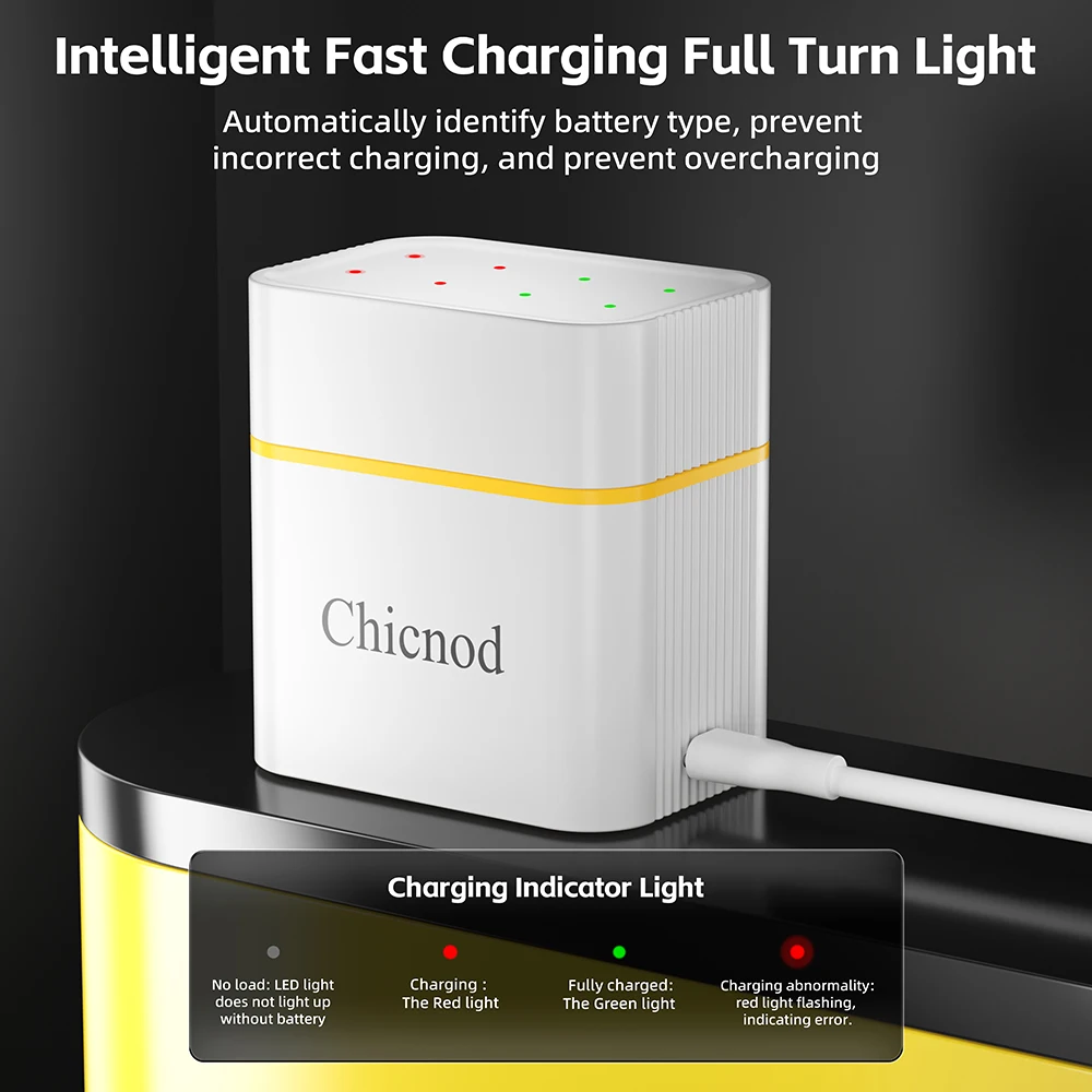 CHICNOD 8 Slot AAA Ni-MH Battery Charger Set USB Type-C Fast Charger with 8PCS 1000mAh AAA Rechargeable Batteries for Wall Clock