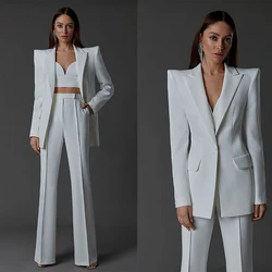 White Women Pants Suits Slim Fit Thicken Shoulder Pad Evening Party Wear For Wedding Straight Trousers Two Pieces