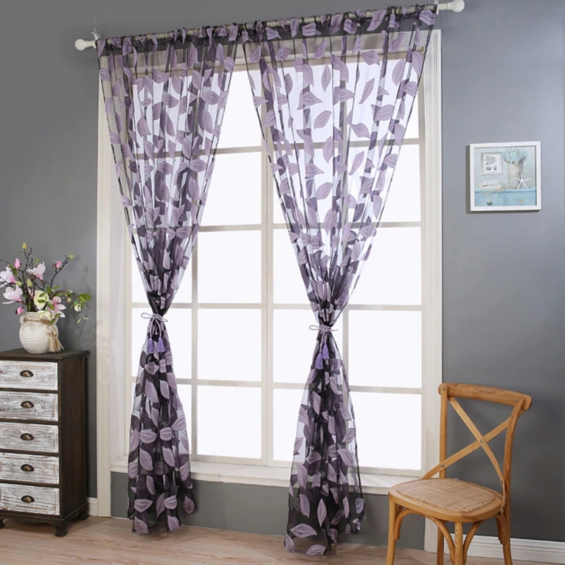 Leaf Embroidered Sheer 1 Panel Long Window Crushed Gauze Room Curtain Voile Tulle Window Drapery Rod Pocket