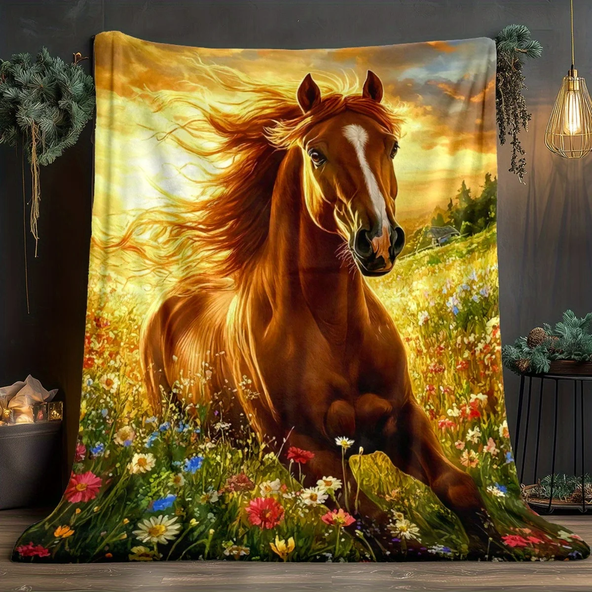 Extra Large Horse Meadow Flannel Blanket - Galloping Brown Horse & Wildflowers Sunset Design, Ultra-Soft Heavyweight 280GSM All-