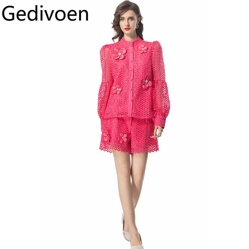 

Gedivoen Summer Fashion Runway Designer Shorts Sets Women's Solid Color Appliques Heavy Diamond Hollow Out Two Pieces Set