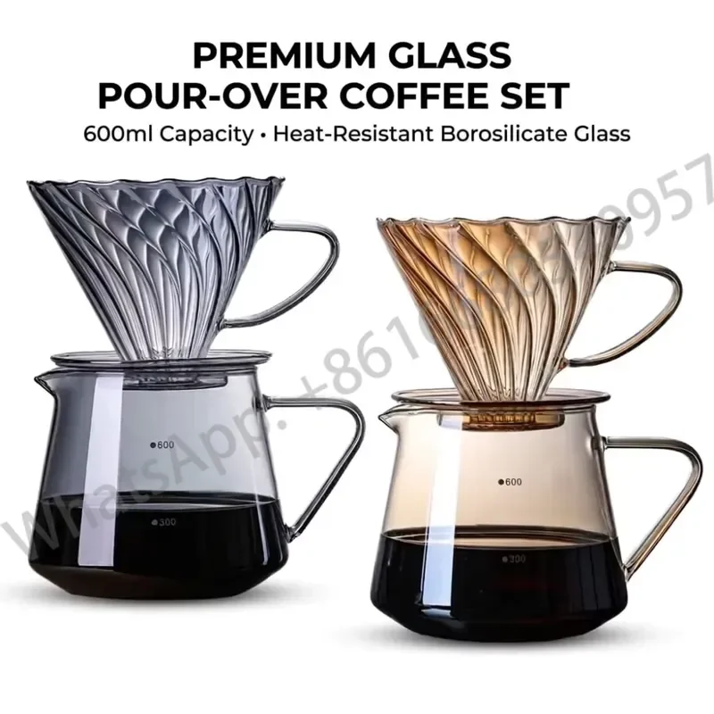 Kingze Personalized Barista Coffee Dripper Tools 600ml Borosilicate Glass Espresso Server Pour Over Coffee Maker All Set
