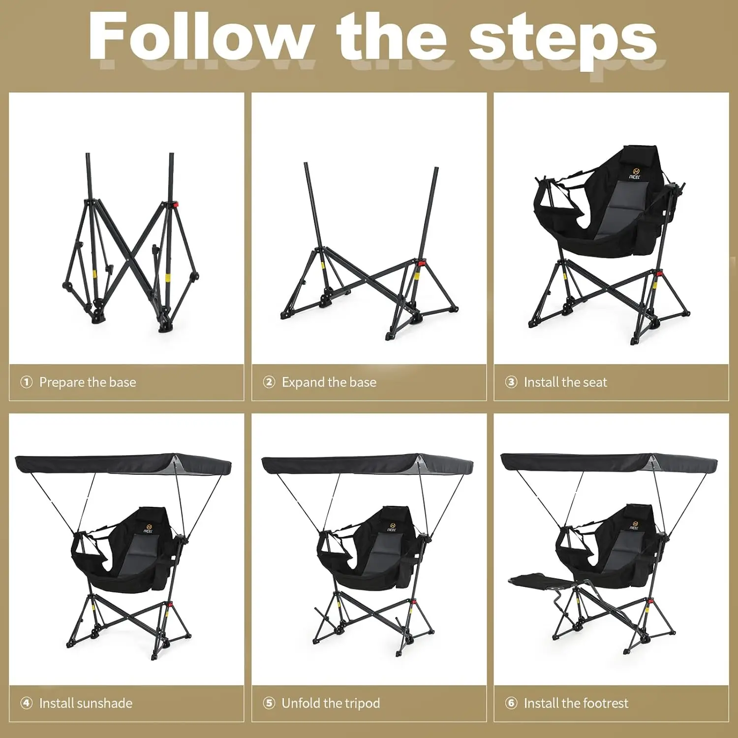 Portable Swinging Hammock Camping Chair with Canopy Shade, Detachable Footrest, Cup Holder and Carry Bag - Folding Rocking Umbrella Chair for Beach, Camping (1 Pack) - view 6