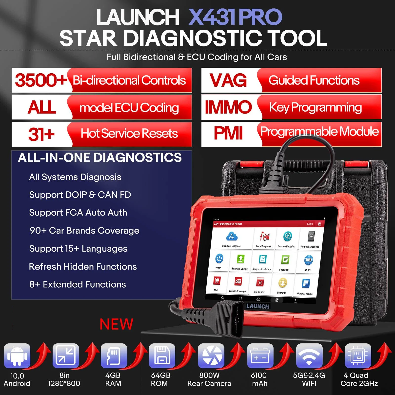 

Launch X431 PRO STAR Bidirectional Diagnostic Scanner Supports CAN FD DoIP 37 Service Functions E-C-U Coding