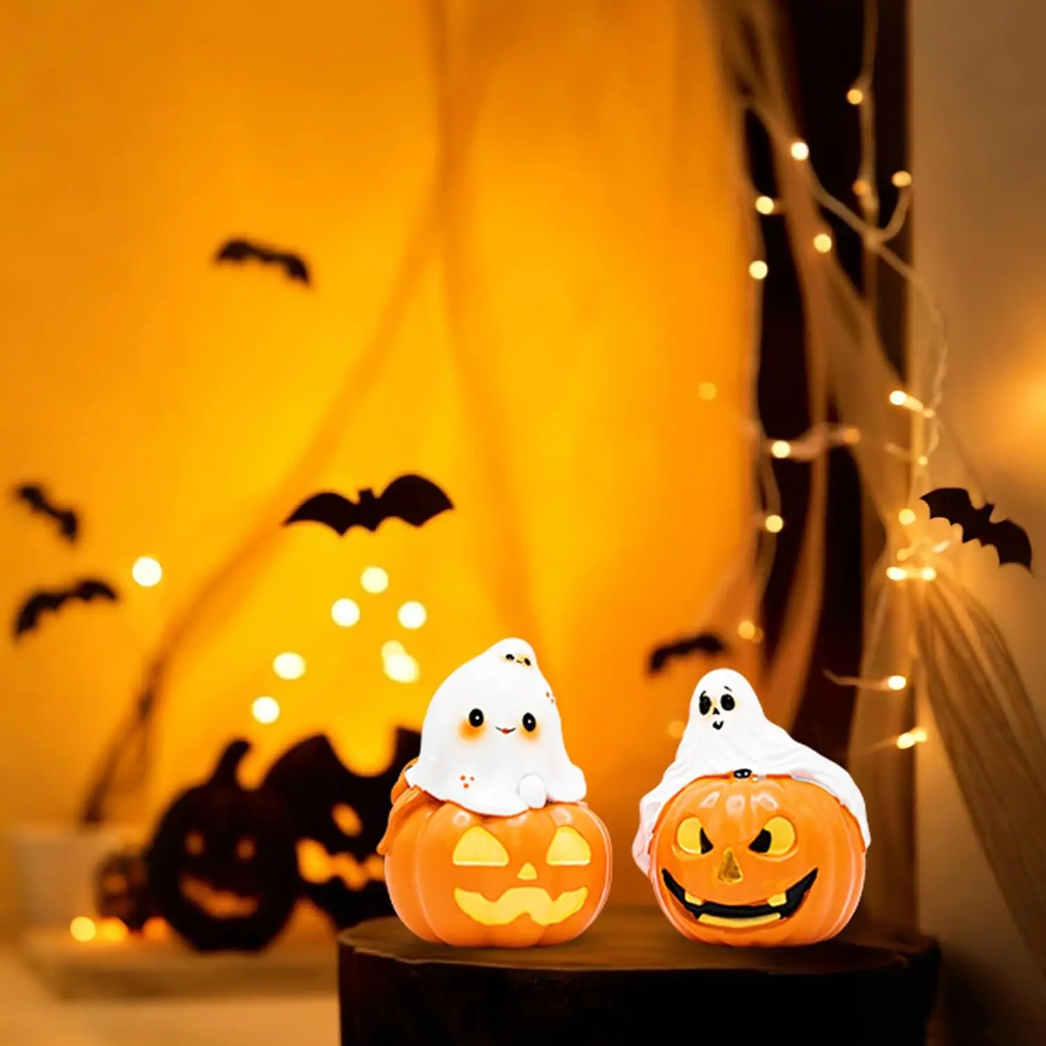 

Halloween Ghost Pumpkin Resin Ornament Ghost Sitting on Pumpkin Couple Ornament for Party Home Bedroom Shelf Table Decor