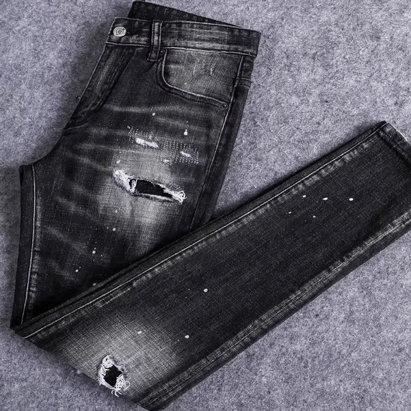 

Fashionable new high-quality men's jeans pleated, painted, torn, washed, nostalgic, elastic, black gray tight jeans Y2K