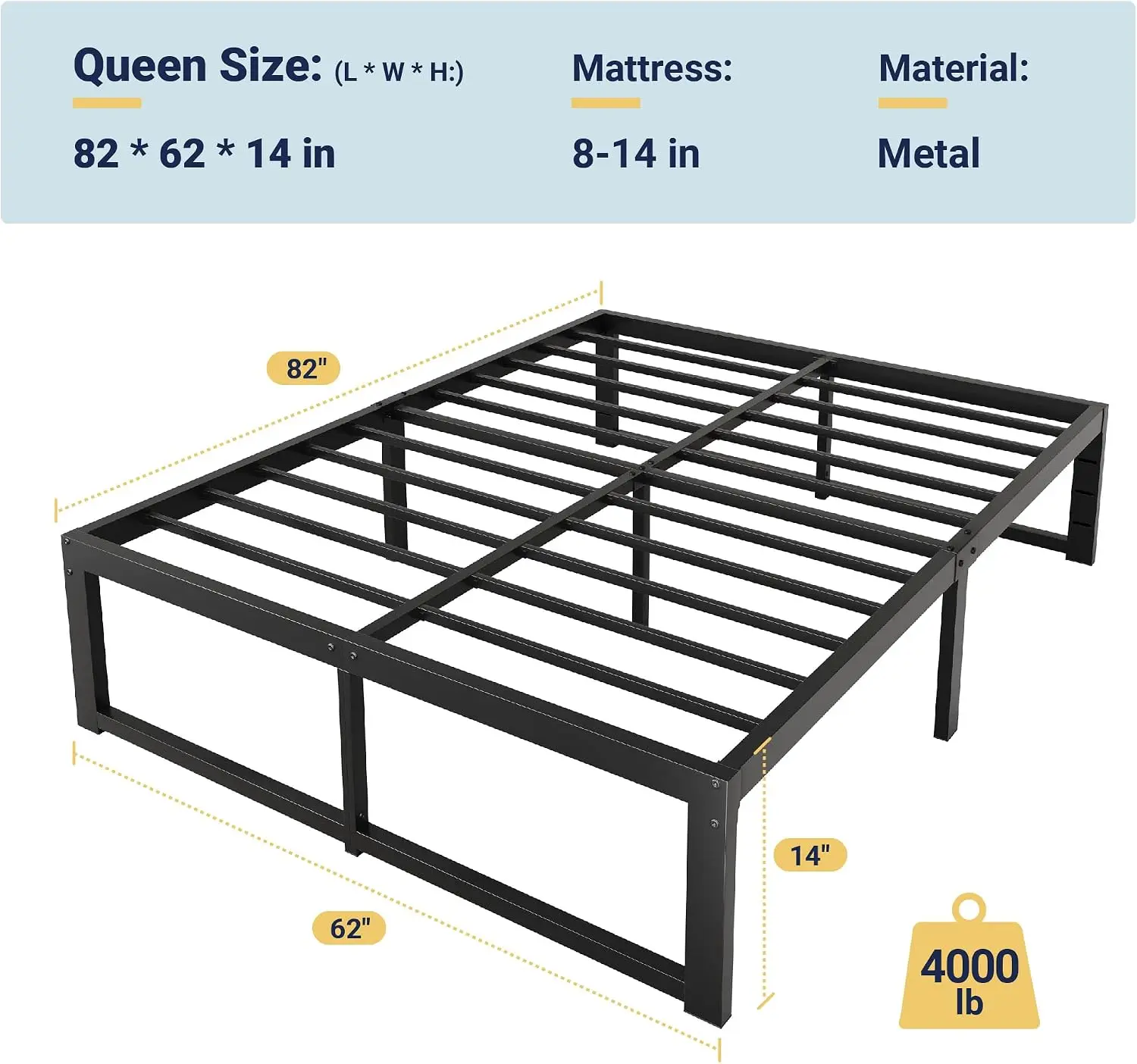 14 Inch Queen Metal Bed Frame, 4000LBS Heavy Duty Support, Black