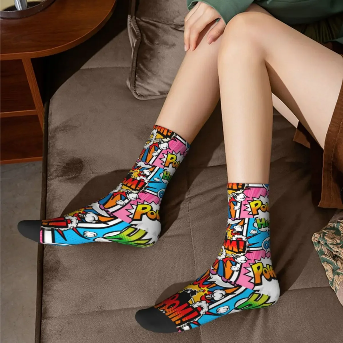 Calcetines transpirables de baloncesto con diseño de superhéroes de cómics y citas de arte pop para hombre y mujer, estilo hip-hop, colección otoño-invierno