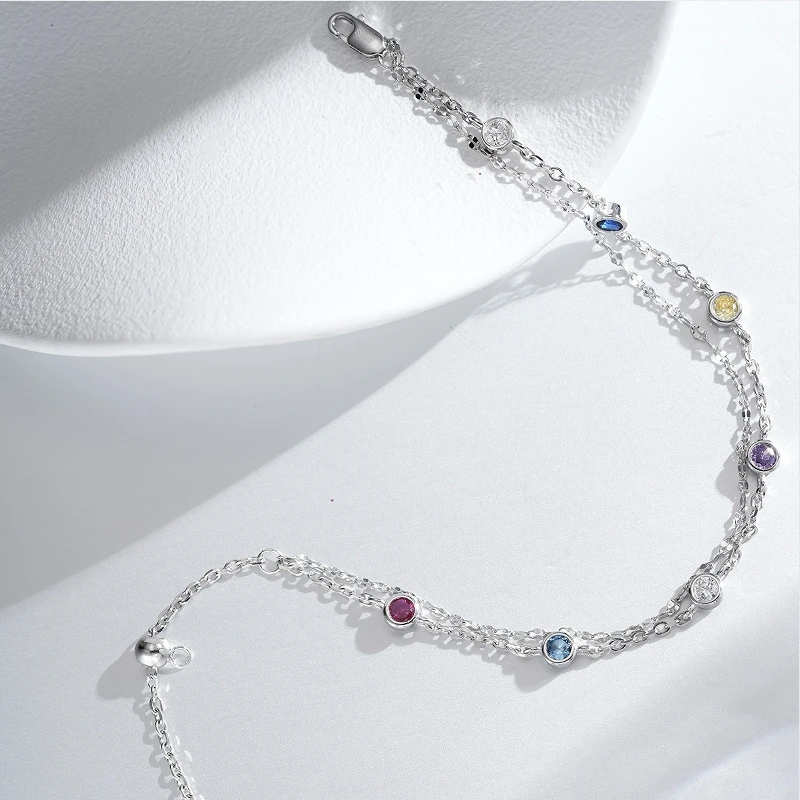 S925 sterling silver bubble bracelet for women, featuring interspersed diamonds, double chains, double-layered links, and rainbo