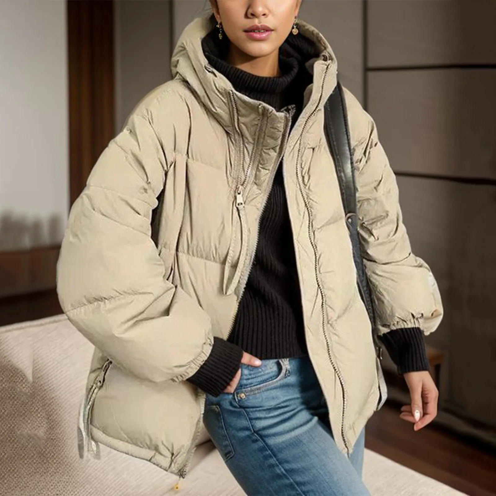 Winter Warm Cotton Padded Coat Autumn Winter Chic Woman Clothes Korean Style Women\'S Solid Color Down Jacket With Hood Zip Up