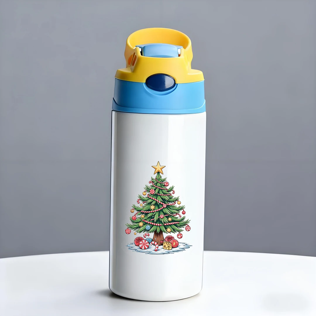 Botol minum stainless steel 304 motif pohon Natal kartun, botol sedotan anak-anak, botol portabel, hadiah liburan Natal, produk baru Natal