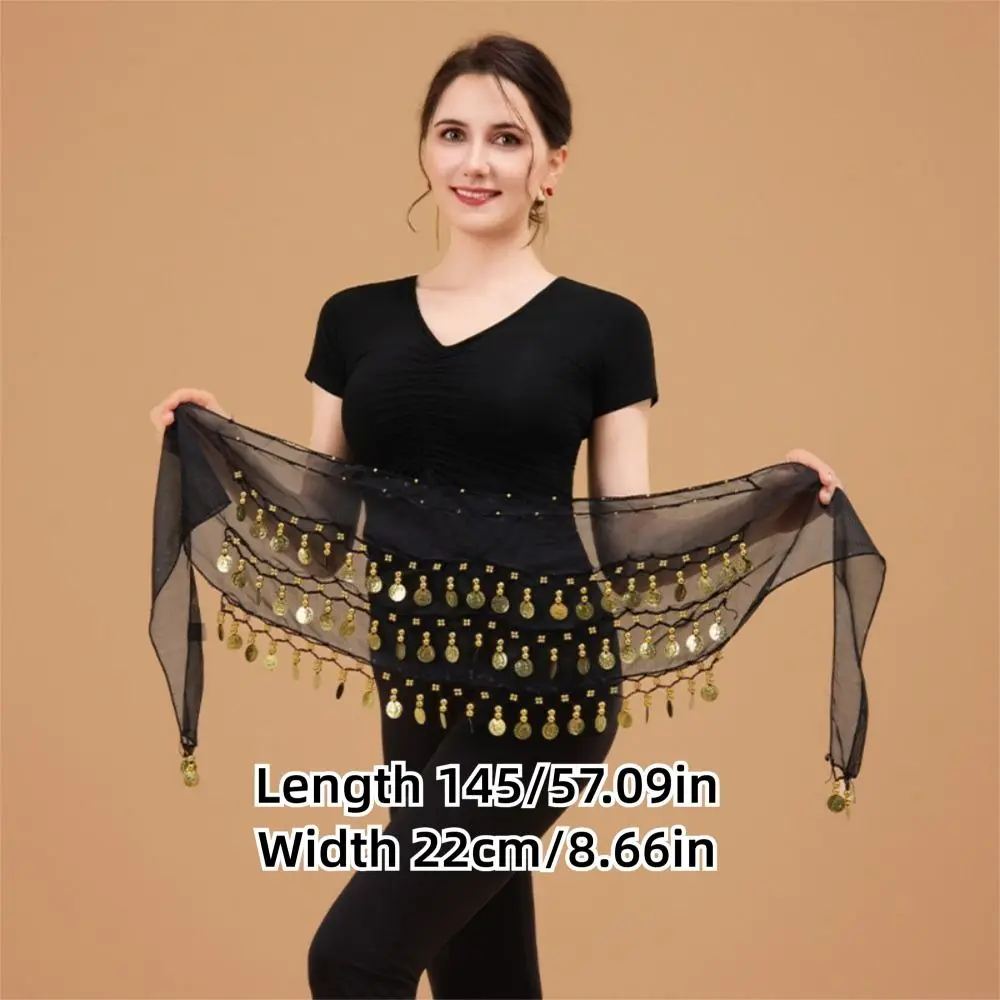 Gold Color Coins Belly Dance Hip Scarf Adjustable Chiffon Material Hip Scarf Wrap Comfortable Fit Three Layers