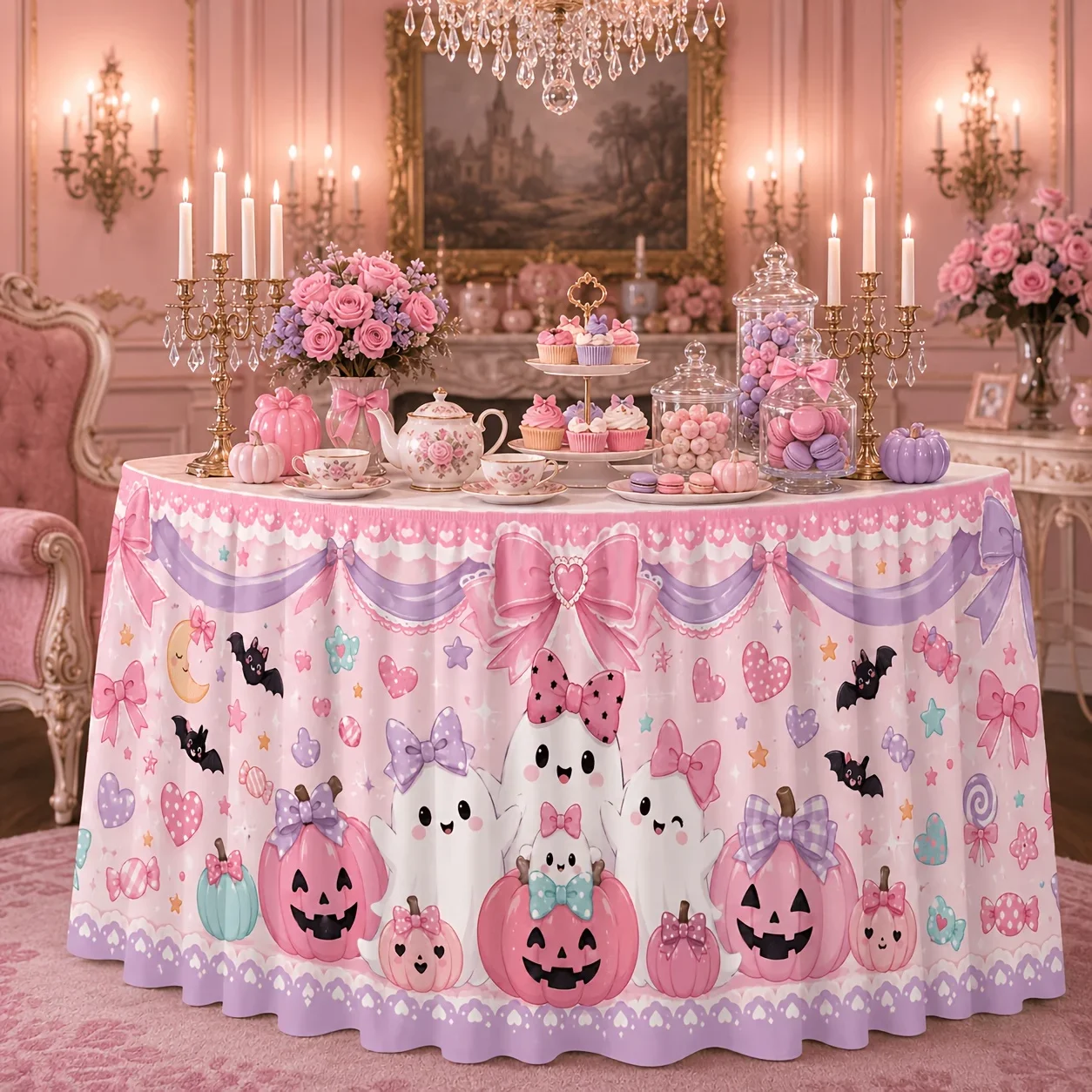 One tablecloth or table skirt. Light pink Halloween pastel pumpkin print decoration. Suitable for Halloween parties.xzj