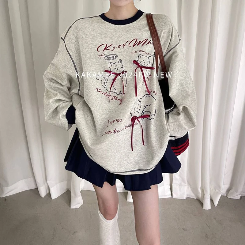 

Contrast Lazy Style Loose T Shirts O-neck Bow Print Street Casual Pullovers Tops Fashion Harajuku Women Clothing Spring Autumn