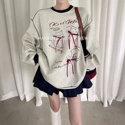 Contrast Lazy Style Loose T Shirts O-neck Bow Print Street Casual Pullovers Tops Fashion Harajuku Women Clothing Spring Autumn