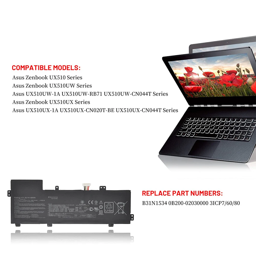 B31N1534 Laptop Battery for Asus Zenbook U5000 UX510 UX510UW UX510UW-1A UX510UW-RB71 UX510UW-CN044T UX510UX-1A UX510UX-CN020T-BE