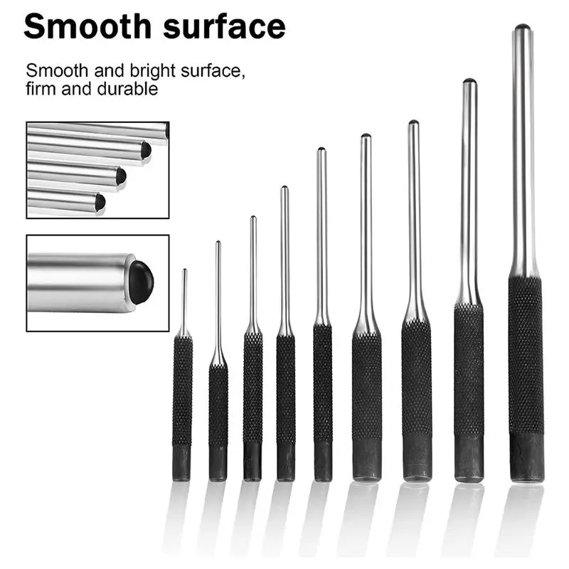 AT02-9Pc Steel Round Head Pins Punch Set Adjuster Punch Hunting Remover Pin Punch Tools Accessories Remove Repair Chisel Tool Du