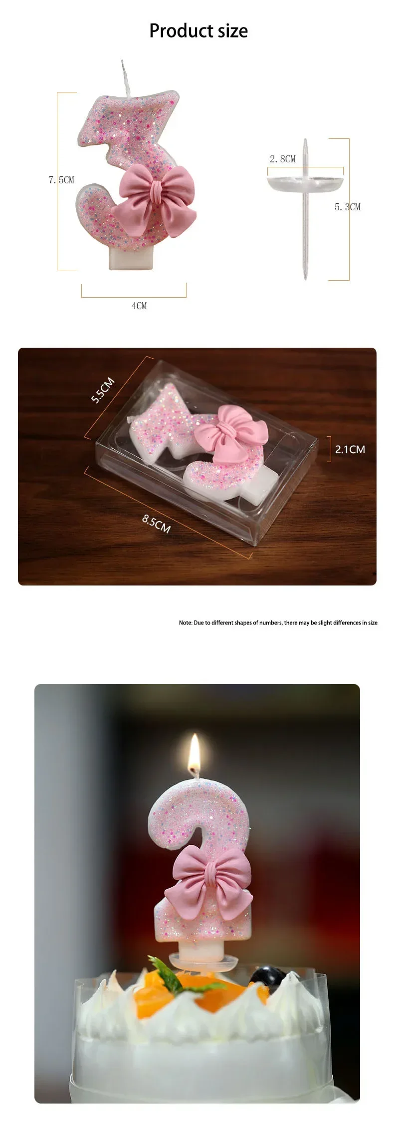 Cute Pink Bow 3D Number Cake Candles for Birthday Party Decorations Birthday Decoration Cake Decorating Tools