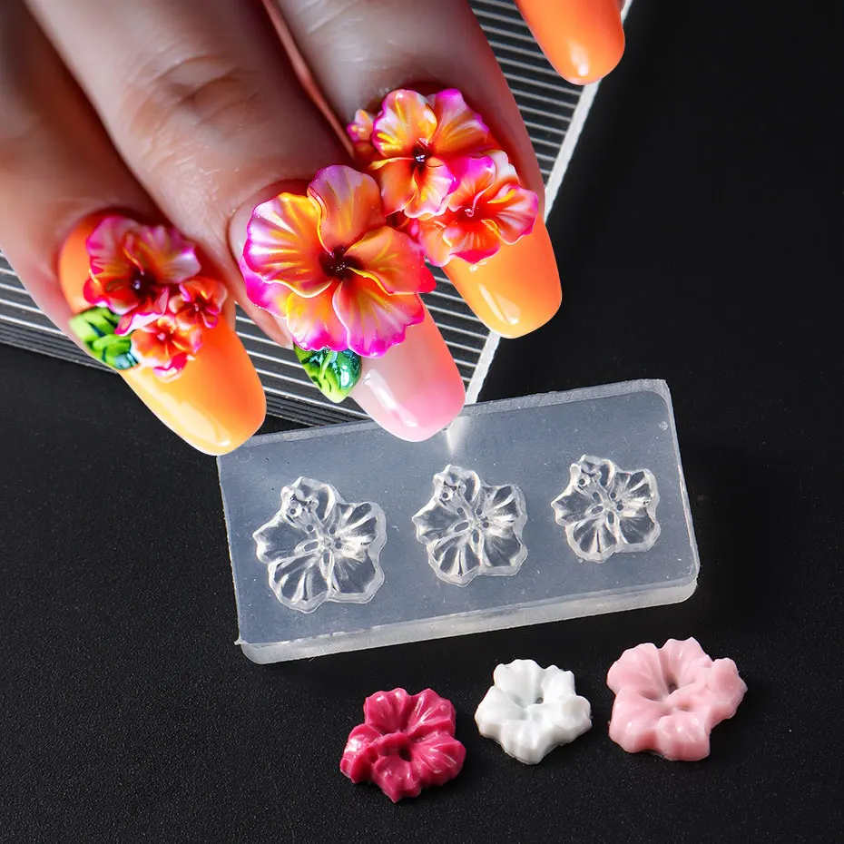 1pc Embossed Hibiscus Flower Nail Silicone Mold 3D Summer Frangipani Floral Stencil Mould Starfish SeaShell Carved Template Tool