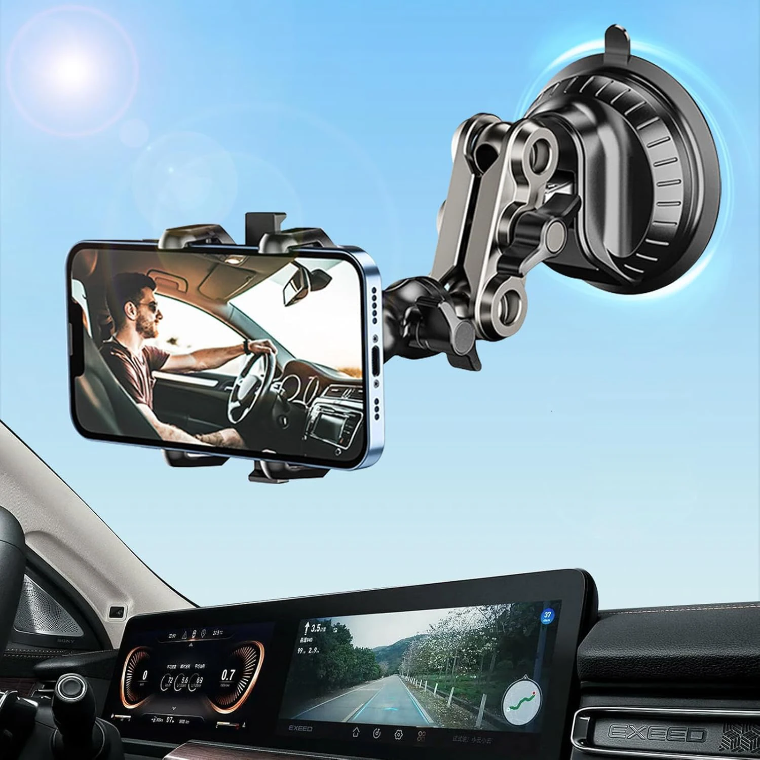 Car Video Mount - 360° Rotating Arm, Strong Suction for Windshield/Dashboard, Anti-Shock for Live Stream