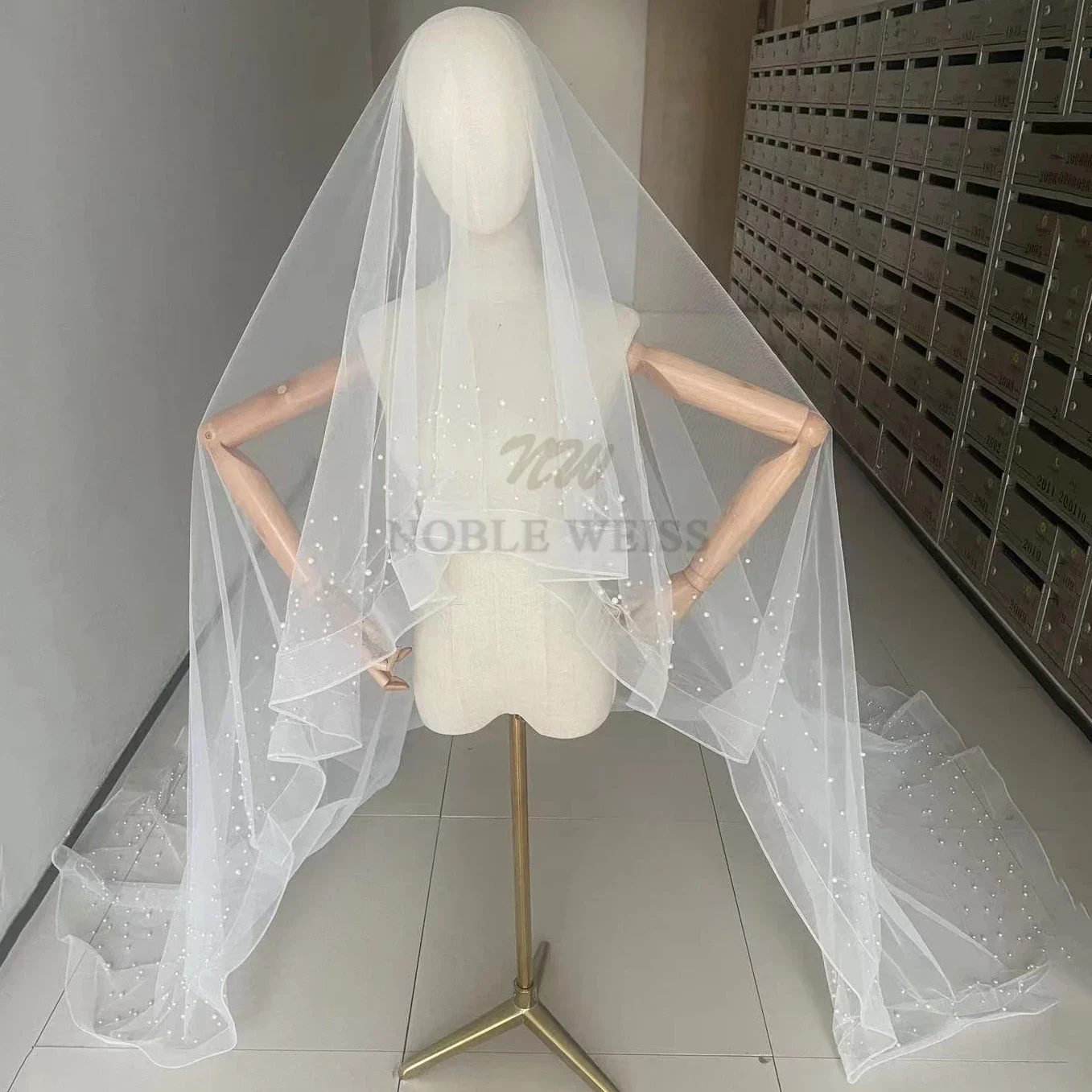 Beaded Wedding Veils One Layer Bride Veil With Stretch Mesh Tulle Veils Accessories 3*3 meters Customized image 3