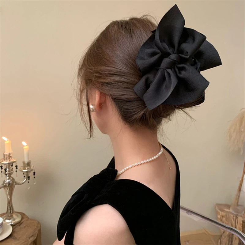 

New French Black Bowknot Hair Claws Large Shark Clips Girl Bow Grab Clips For Women Sweet Headwear Hair Accessories