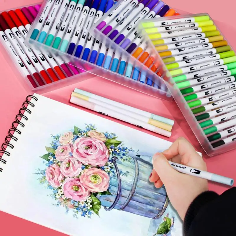 12-100 สี Dual Art Marker Sketching Manga Markers วาดชุดคู่หัวสีน้ําแปรงปากกาเครื่องเขียน