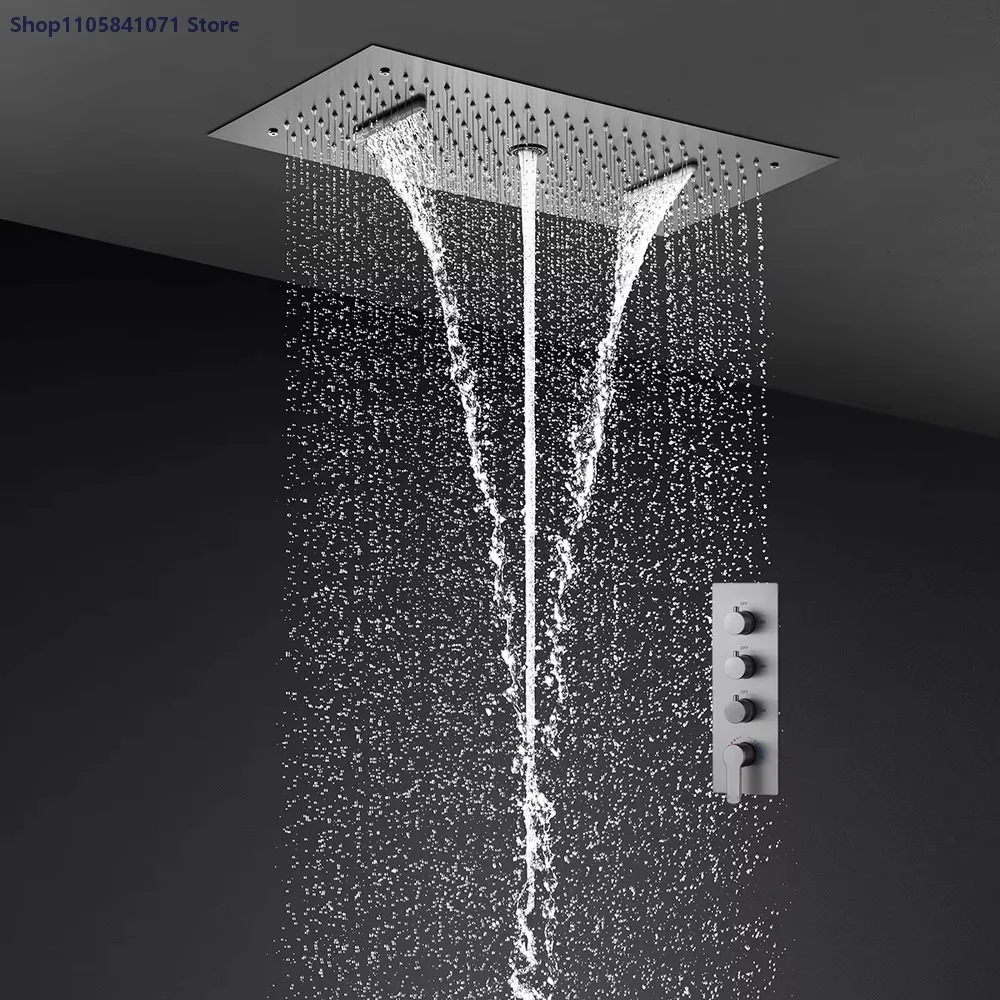 300x600mm LED Thermostatic Shower Head Rain Waterfall Smart Shower Set Ceiling Mounted Bathroom Multi-Function System
