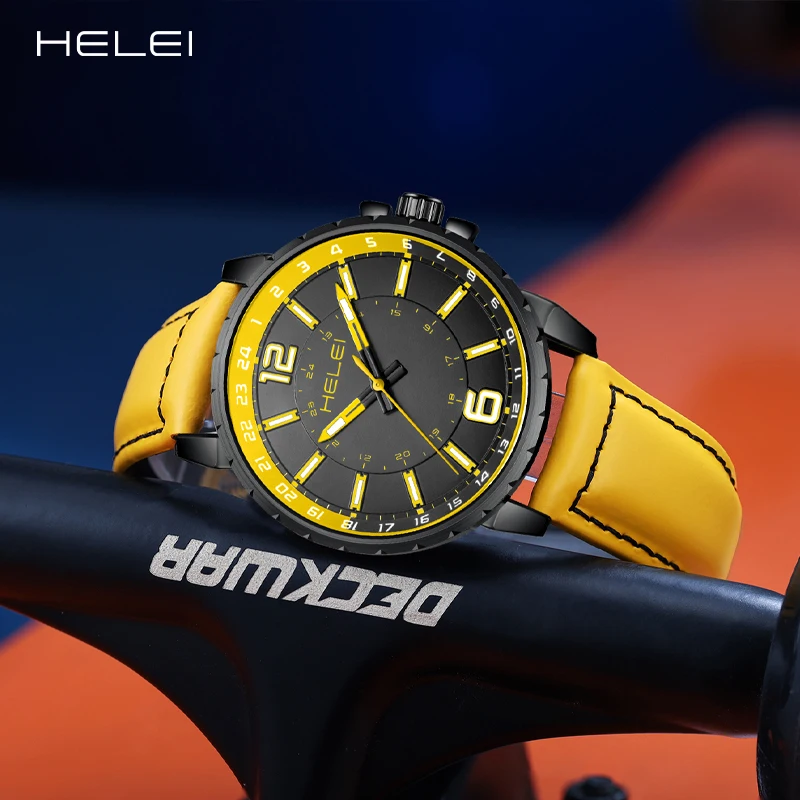 HELEI2024 reloj de cuarzo para hombre, correa de cuero genuino, 24 horas, resistente al agua, regalo