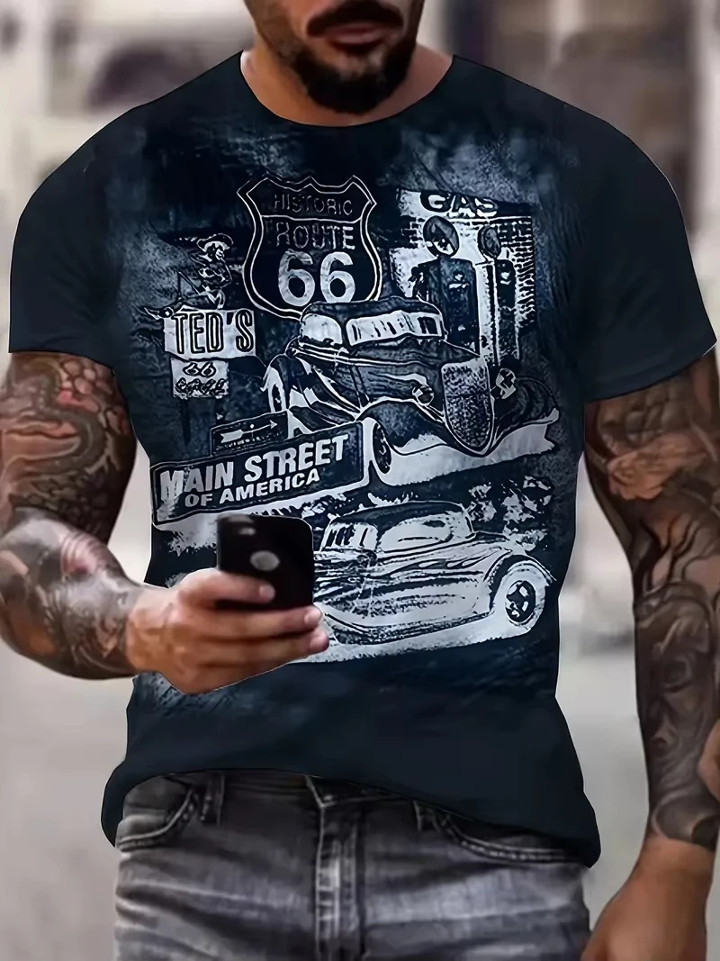 Newest Summer T Shirts For Men 3d Printed Route 66 Man Tops Tee Male Casual Short Sleeve Vintage Streetwear Oversized T-Shirt
