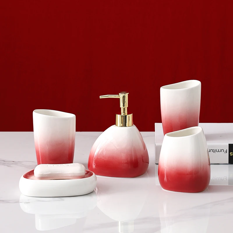 

Gradient Red Ceramic bathroom Five-piece European Simple Porcelain Toilet Accessories Kit Supplies Set Wedding Cup Soap Dispense