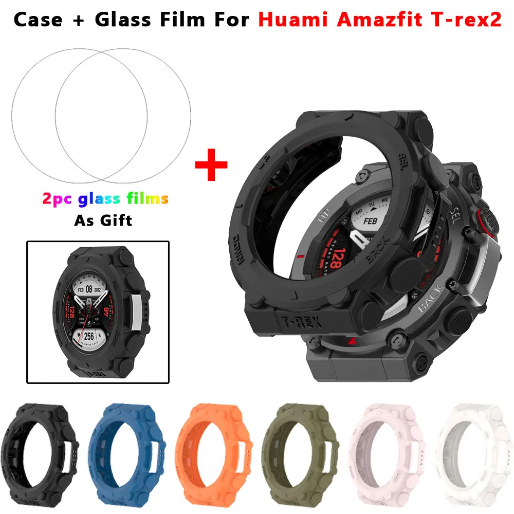 2-IN-1 Case + Tempered Glass Film For Huami Amazfit T Rex 2 TPU PC Screen Protector & Bumper Protective Cover For Amazfit TRex2