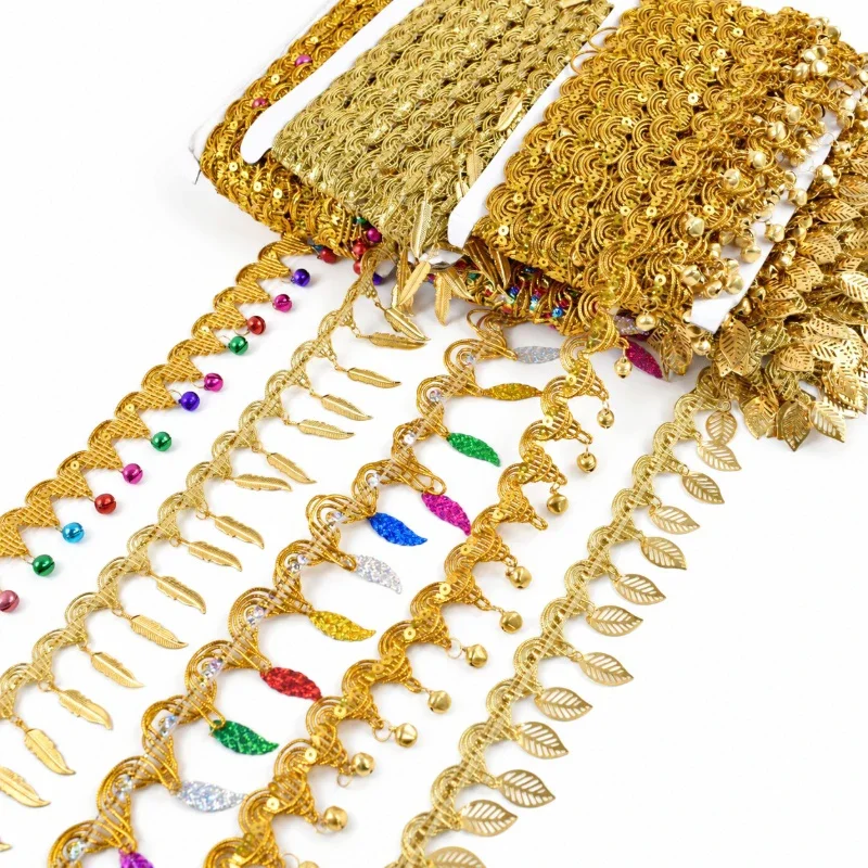 5Yards Gold Sequin Tassel Fringe Lace Trim Ribbon for Dance Dress Stage Costume Jewelry Trimming Stitching Rolls Sewing Supplies