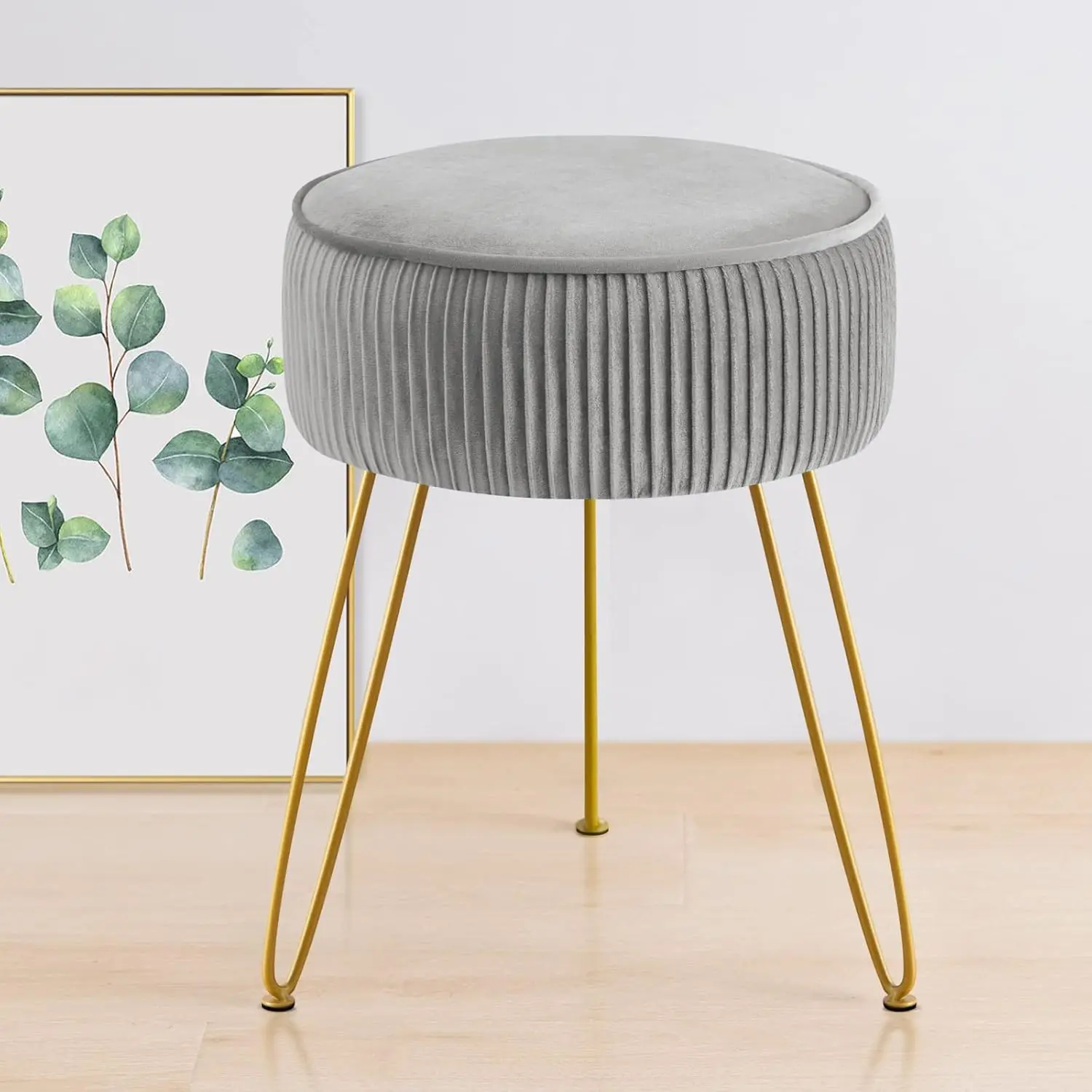 

Vanity Stool,Modern Vanity Stools for Makeup Room,Velvet Round Ottoman Footrest Stool with Metal Legs, Up