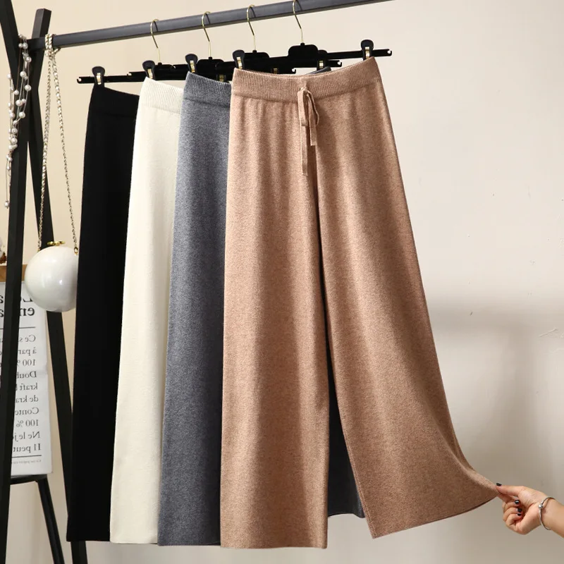 Pantalon tricoté à jambes larges pour femme, élégant, ample, décontracté, tendance, couleur unie, Simple, basique, nouvelle mode automne hiver