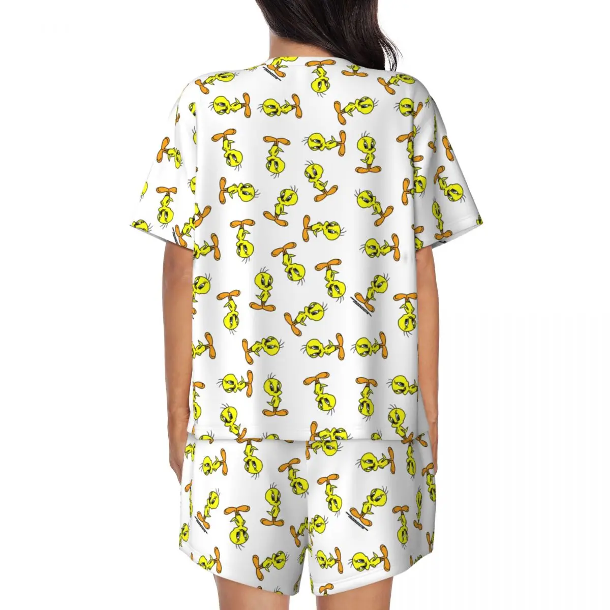 Custom Printed Womens Yellow Bird Cartoon Games Tweetys Pajamas Set Short Sleeve 2 Piece Sleepwear Pjs Lounge Sets