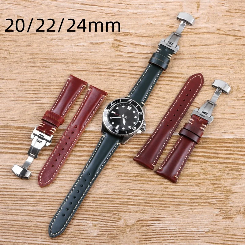 20mm 22mm 24mm Vintage Leather watch strap Quick Release bracelet Butterfly Folding Buckle watchband for SEIKO Tissot Longines