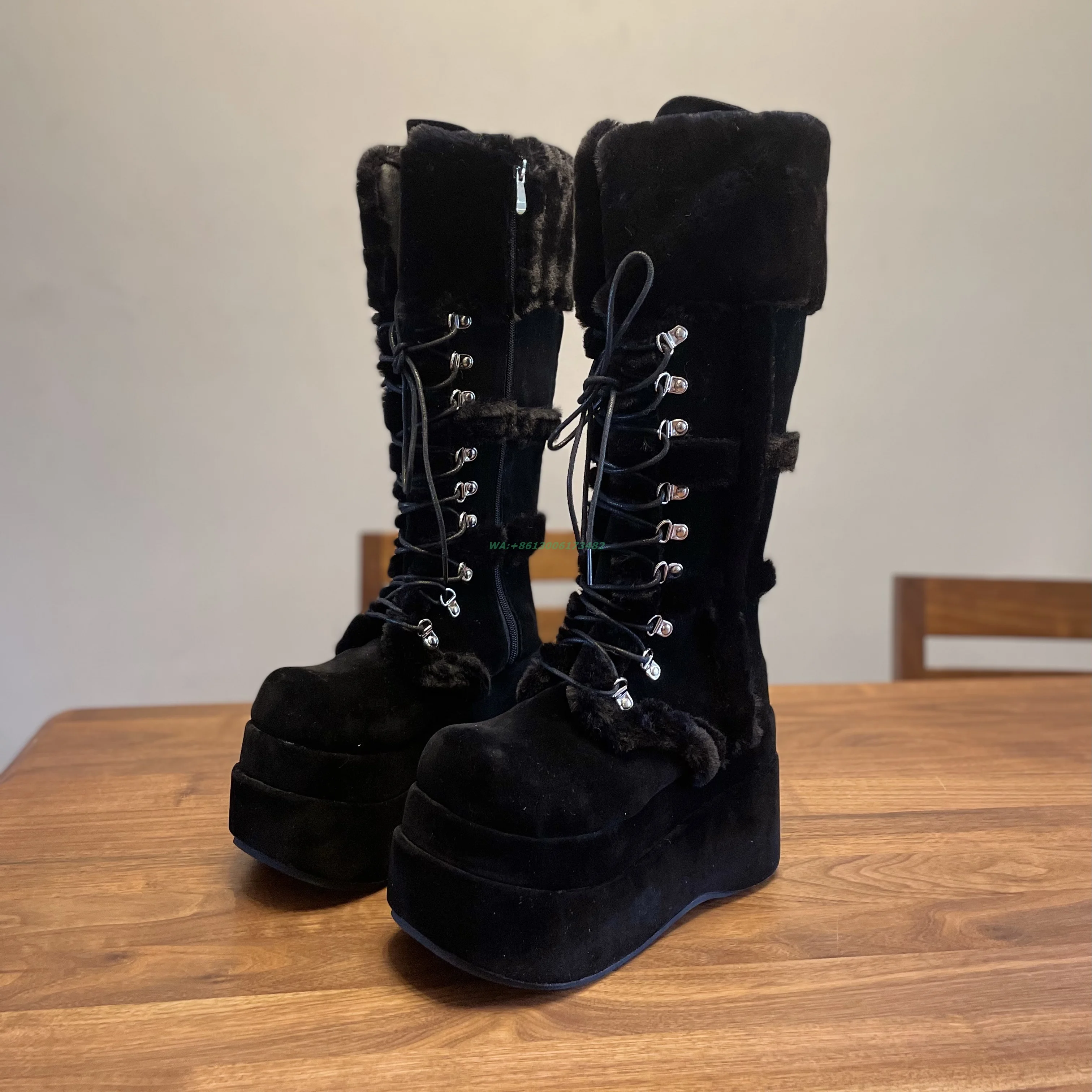 design women high platform thick sole lace up side zipper fur snow boots plus size handmade knee high platform lace up fur boots