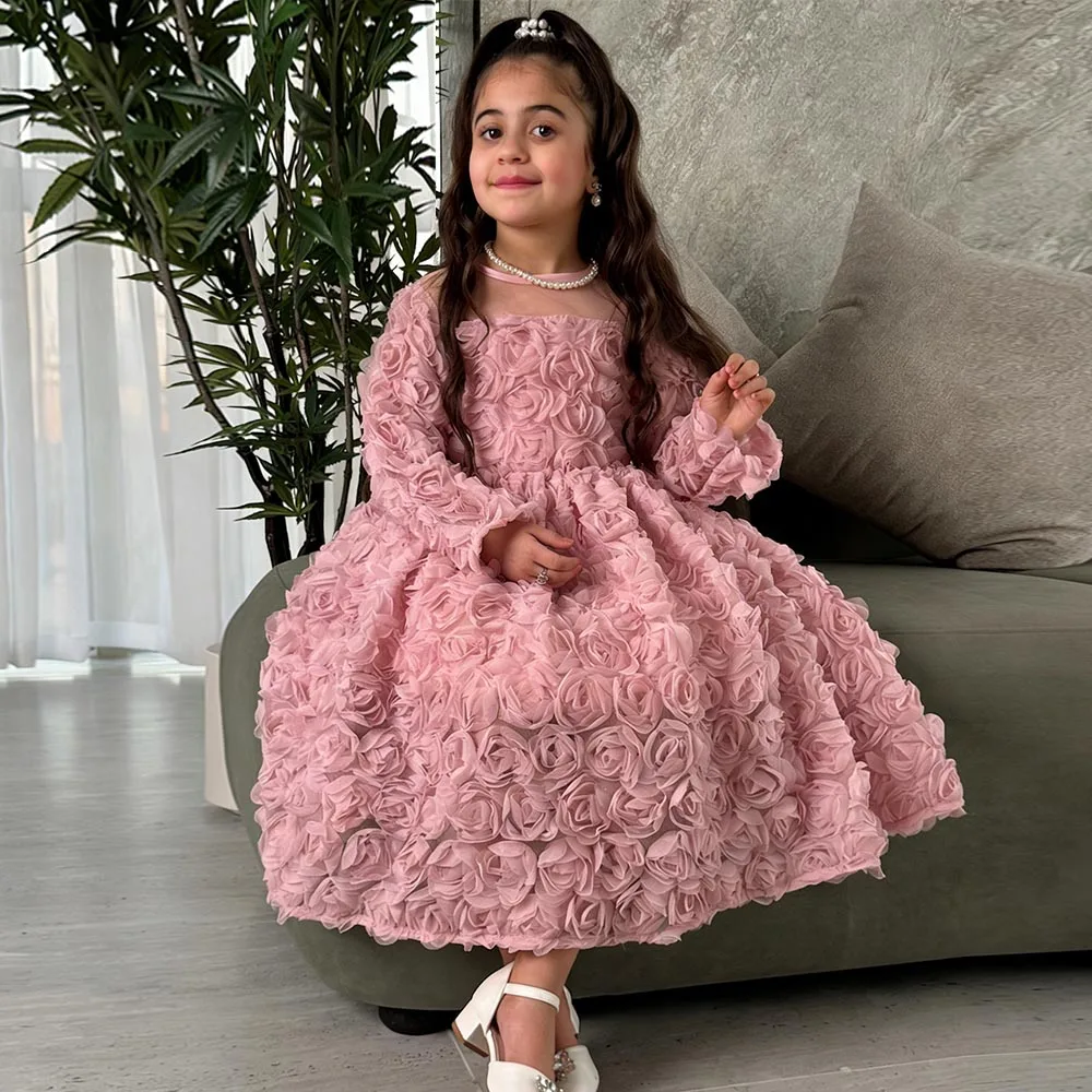

3D Lace Flower Girl dresses Pink Dress for girls Elegant Birthday Dress Long Sleeves Girl Princess Dress Long Cute Kids' dresses
