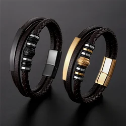 New Promotion Multi-layer Leather Stainless Steel Metal Luxury Men's Leather Bracelet Accessories For Preferred Gifts For Summer