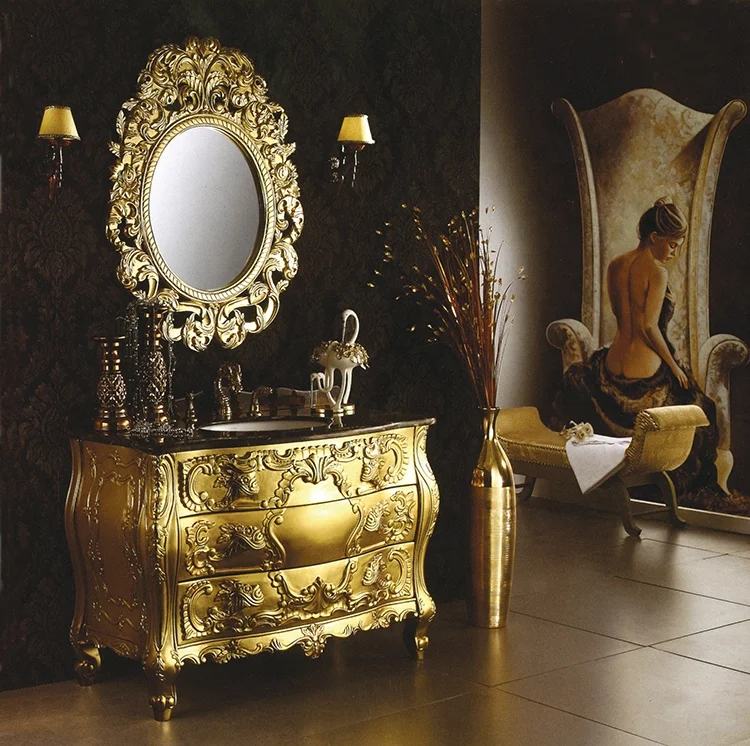 Royal Goldleaf Bathroom Cabinets, golden Hand Carved Bathroom+Vanities With Marble Top