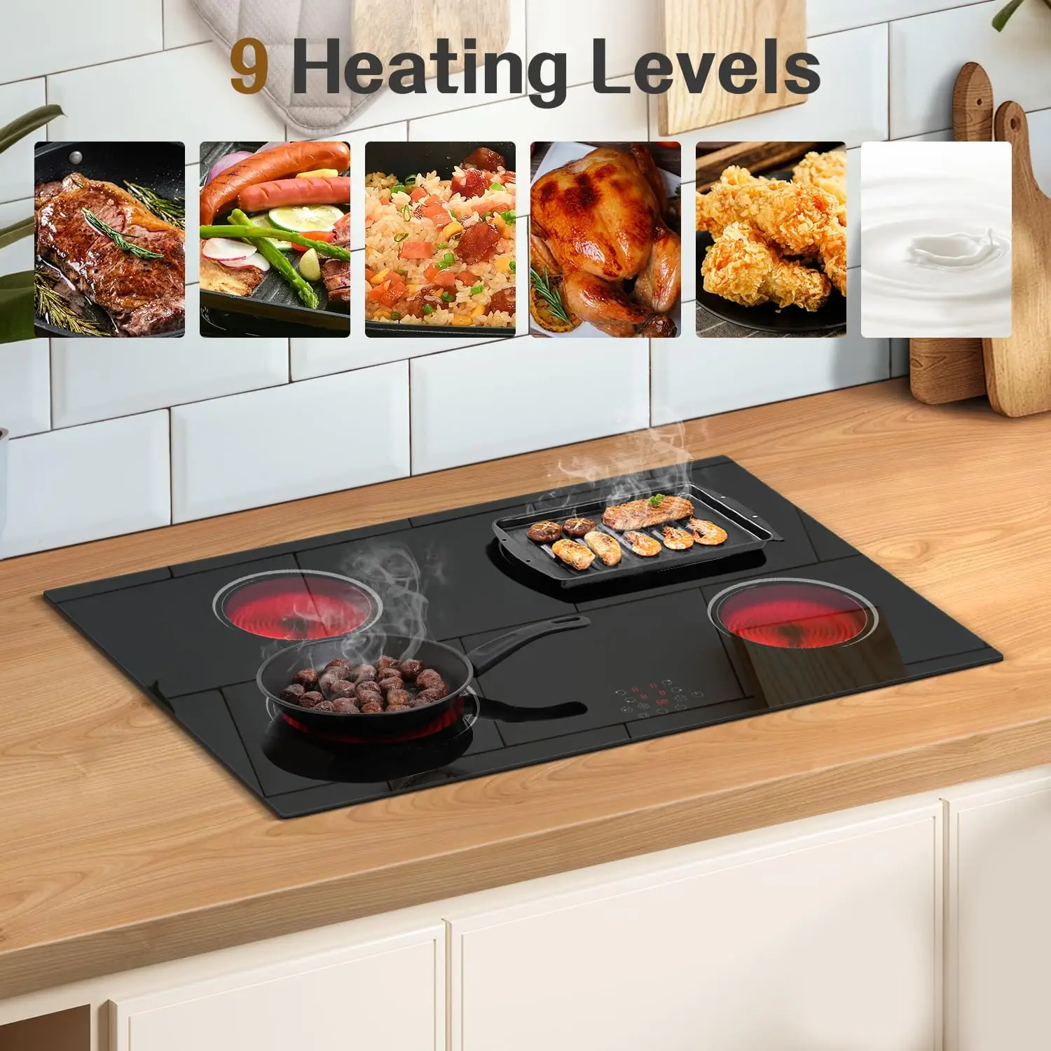 Электрическая варочная панель с 4 конфорками, электрическая плита мощностью 6400 Вт с сенсорным управлением, встроенная керамическая варочная панель, пауза, предохранительный замок, удлинение