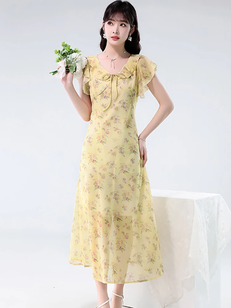 2025 Verde floreale in chiffon con fiocco colletto arricciato abito longuette estate Boho elegante abito intero donna coreano aderente abiti da festa