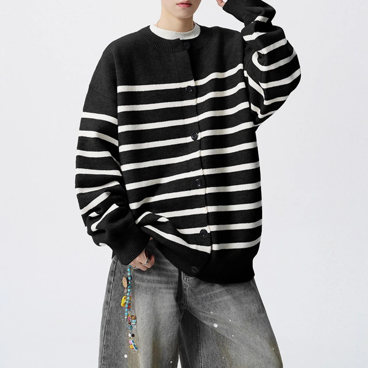 2025 New Academic Style Striped Cardigan Unisex Loose Casual Black White Color Block Versatile Sweater Jacket